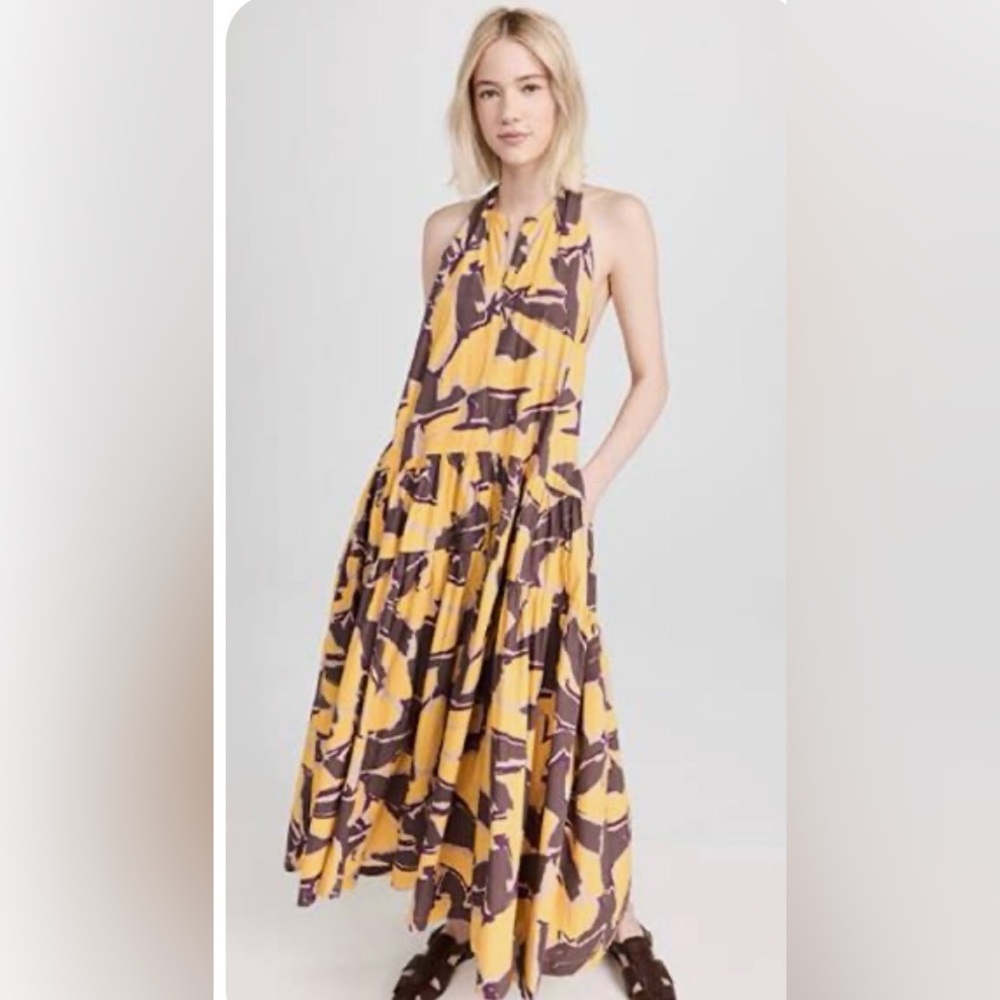 Rachel Comey Yellow and Brown Halter Tiered Midi Dress
